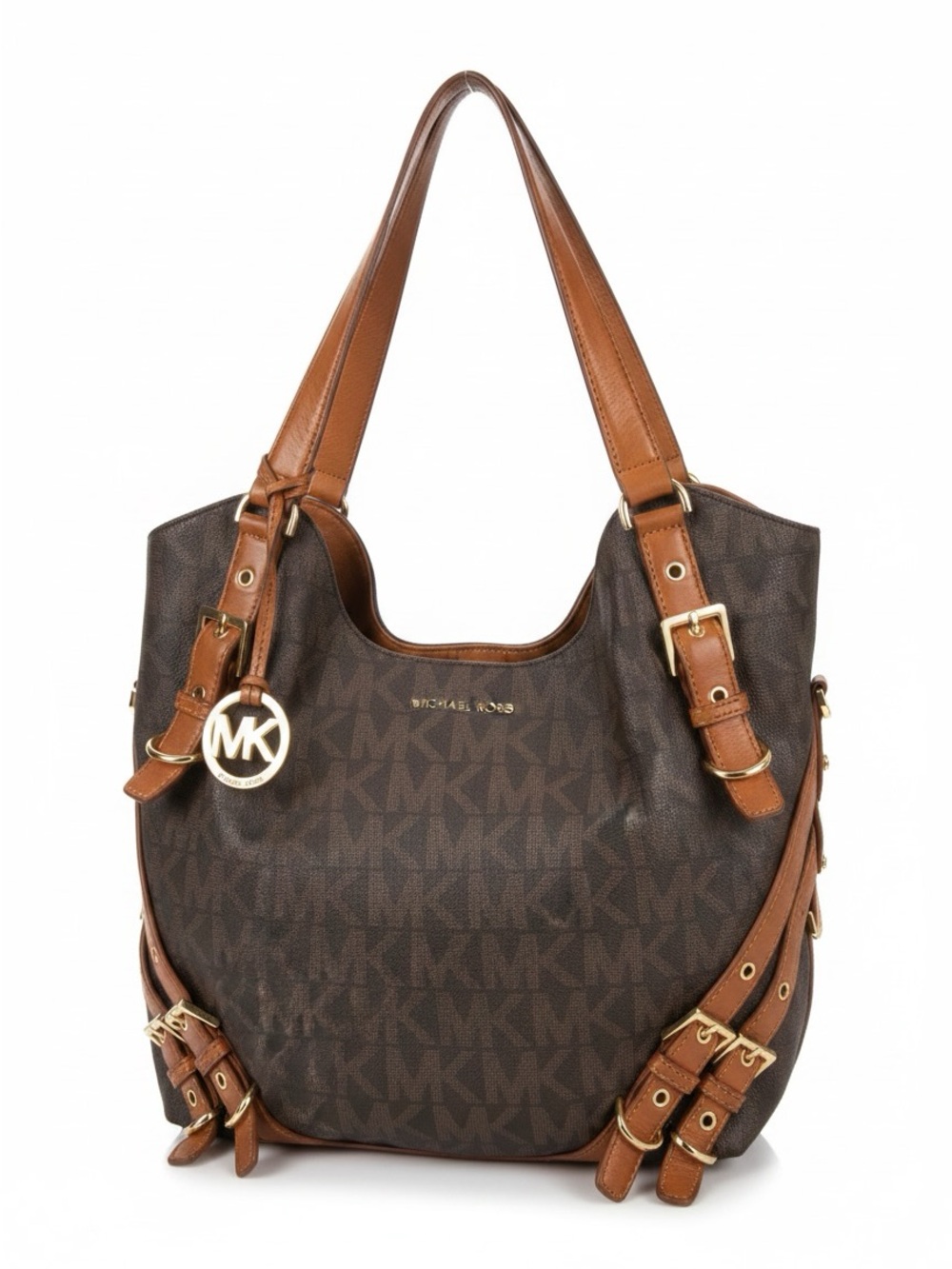 Michael Kors Milo Large Monogram Tote Bag Brown Leather Shoulder Purse MK Logo - Picture 1 of 9